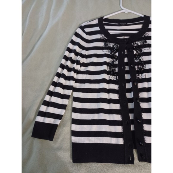 Talbots Women Sweater S Black White Striped Button Up Cardigan Embellished Beads - Picture 4 of 8